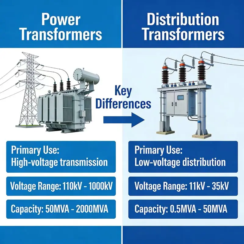 Aký je rozdiel medzi výkonovým transformátorom a distribučným transformátorom?